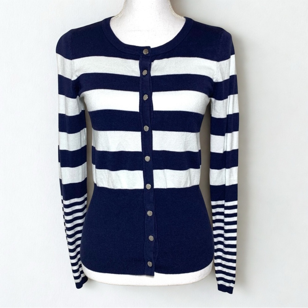 Grace Elements Nautical Blue and White Stripe Cardigan Sweater Women Size Small